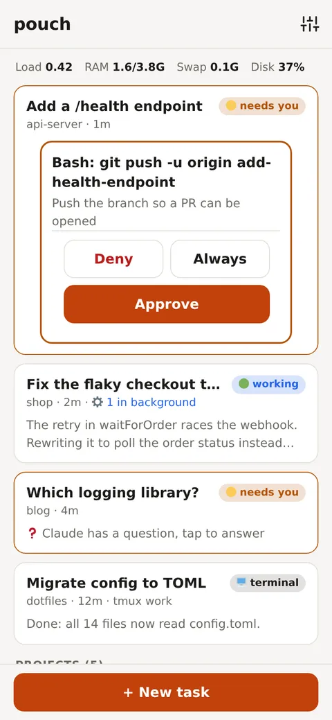 pouch dashboard: a session waiting for approval of a git push at the top, then a working session, a question and a terminal session